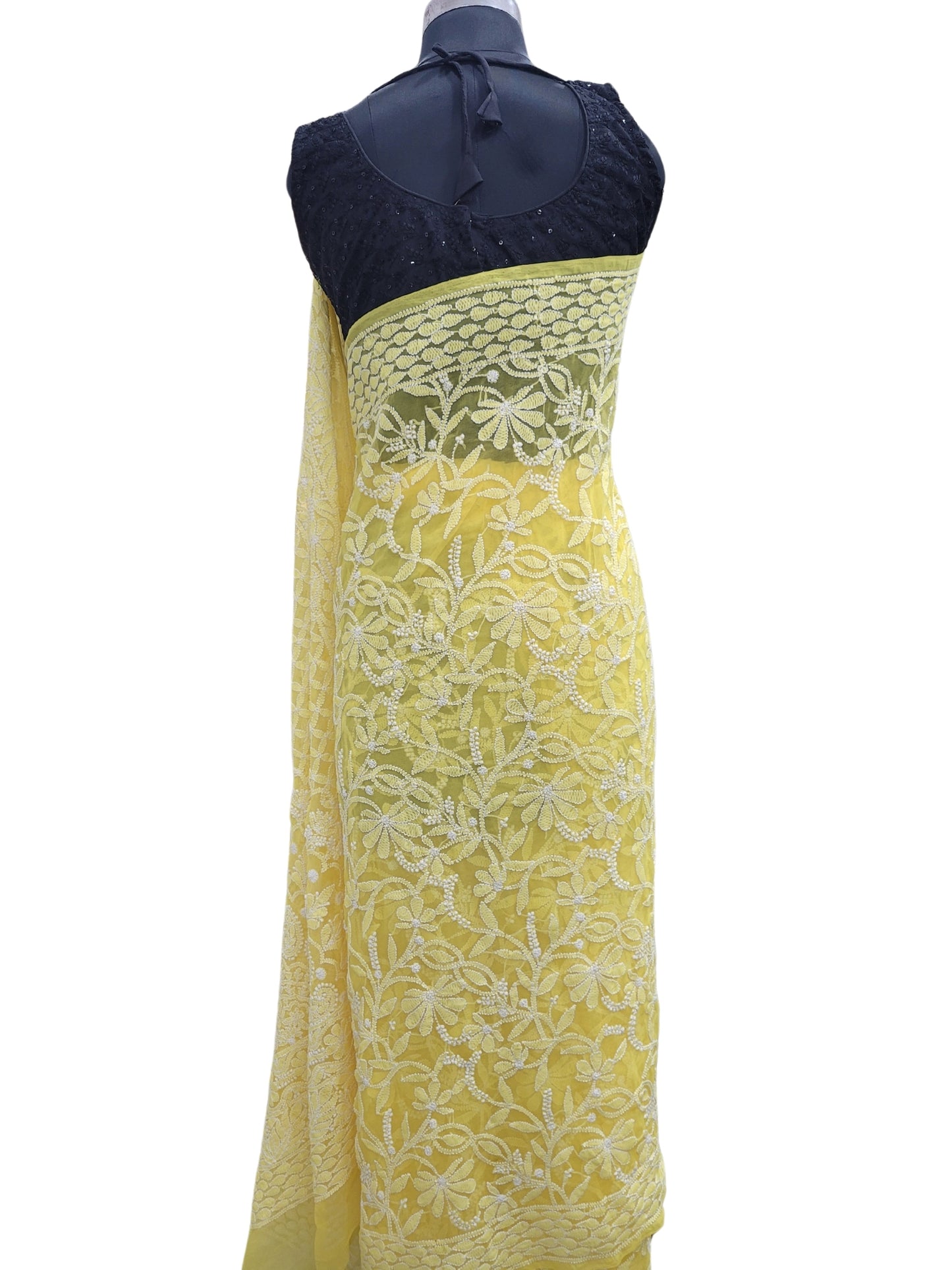 Shyamal Chikan Hand Embroidered Yellow Georgette Lucknowi Chikankari Full Jaal Saree With Blouse Piece - S25195