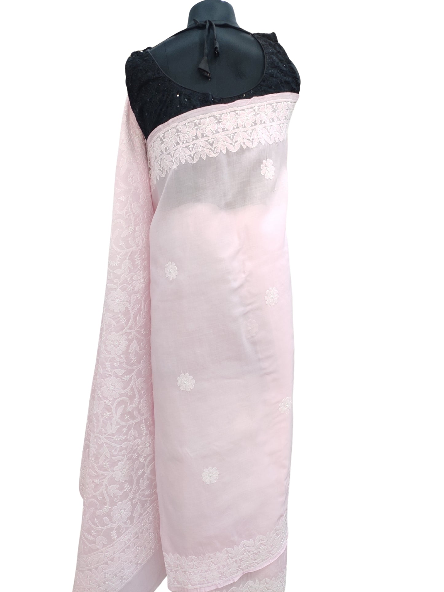 Shyamal Chikan Hand Embroidered Pink Cotton Lucknowi Chikankari Heavy Palla Saree With Blouse Piece- S22534