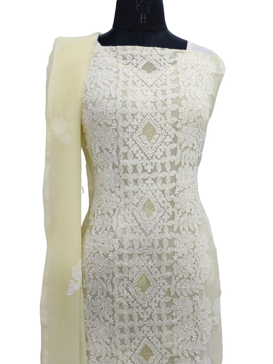 Shyamal Chikan Hand Embroidered Lemon Yellow Georgette Lucknowi Chikankari Unstitched Suit Piece - S26635