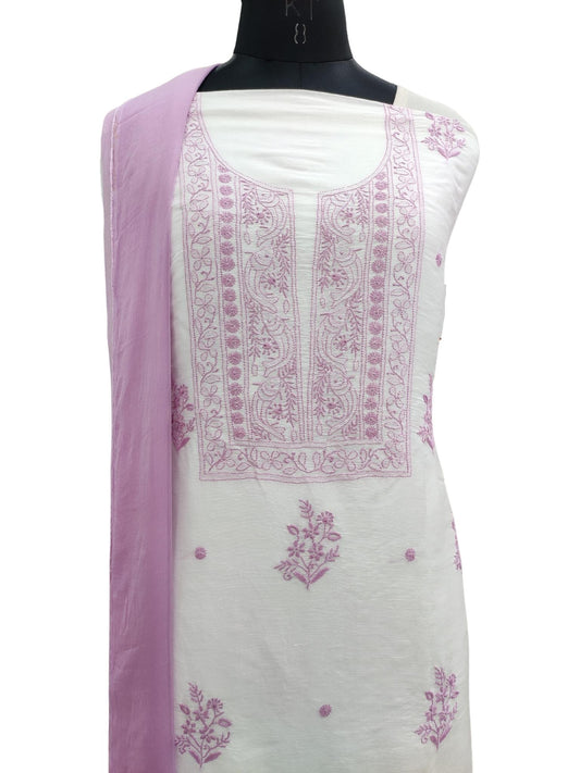 Shyamal Chikan Hand Embroidered White Lenin Chanderi Lucknowi Chikankari Unstitched Suit Piece - S20858