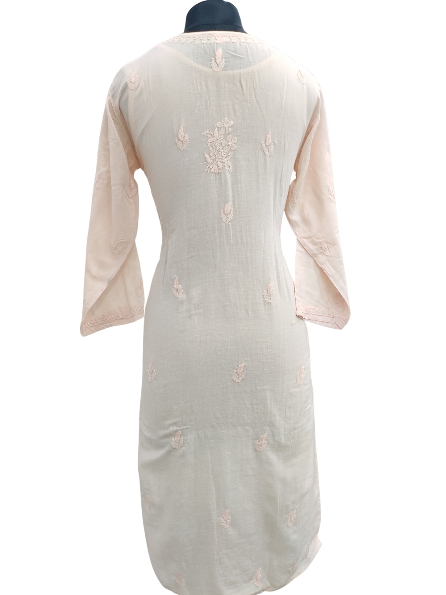 Shyamal Chikan Hand Embroidered Peach Mul Lenin Lucknowi Chikankari Kurti- 23847