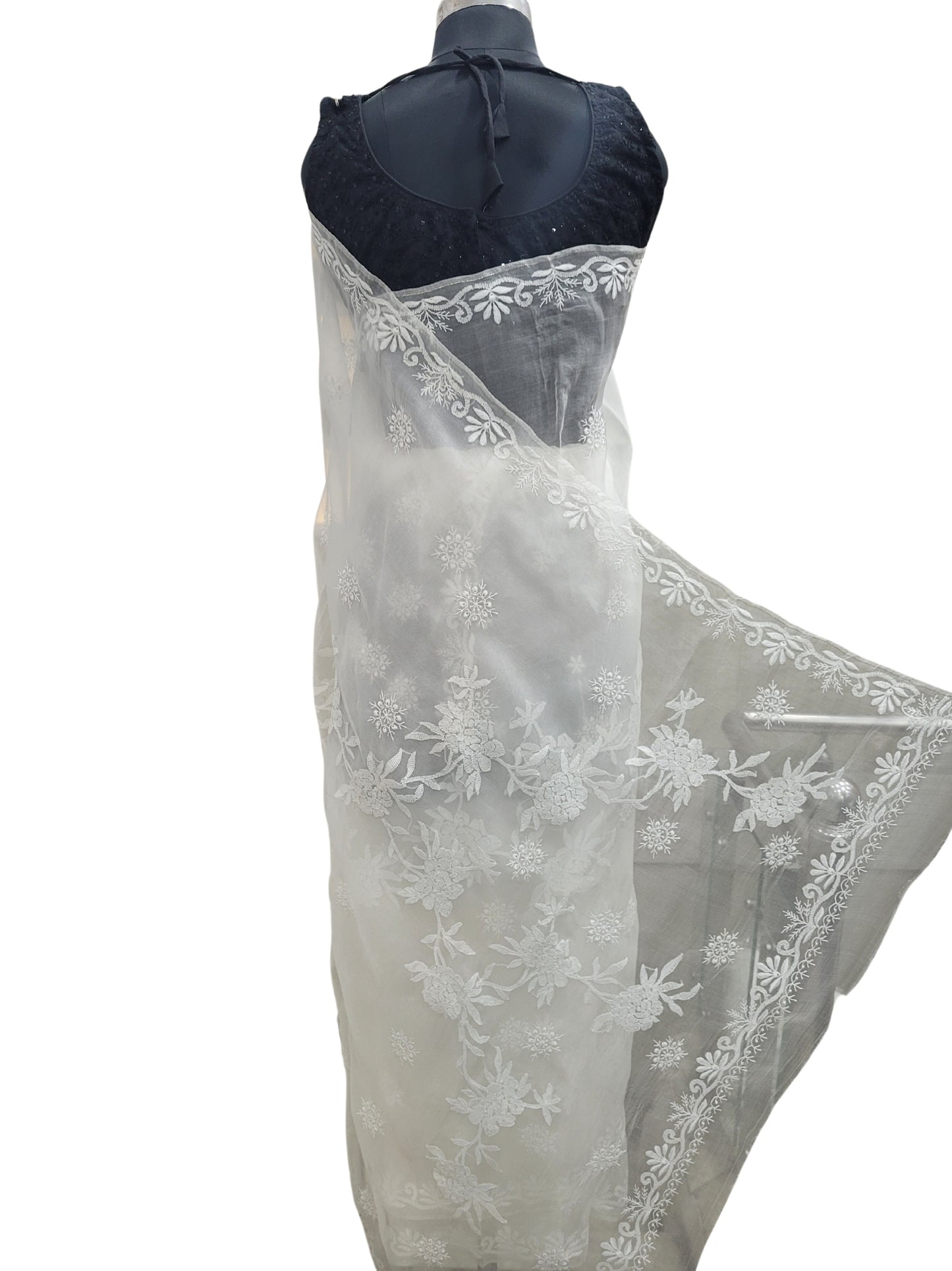 Shyamal Chikan Hand Embroidered White Pure Organza Lucknowi Chikankari Saree With Blouse Piece - S24990