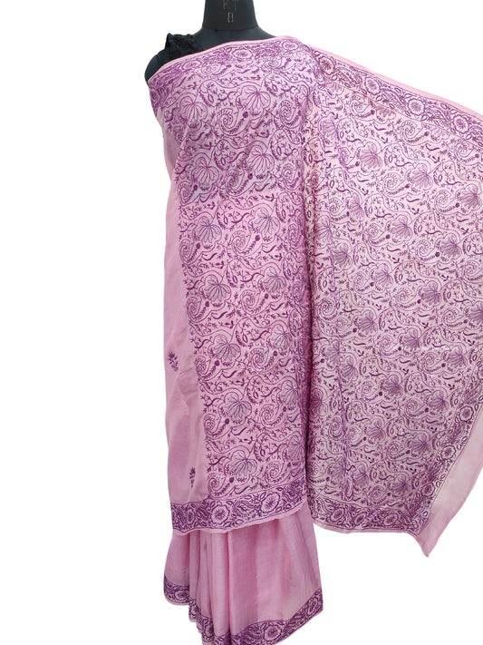 Shyamal Chikan Hand Embroidered Purple Tusser Silk Lucknowi Chikankari Saree With Blouse Piece- S22472