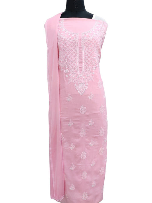 Shyamal Chikan Hand Embroidered Pink Cotton Lucknowi Chikankari Unstitched Suit Piece 24163