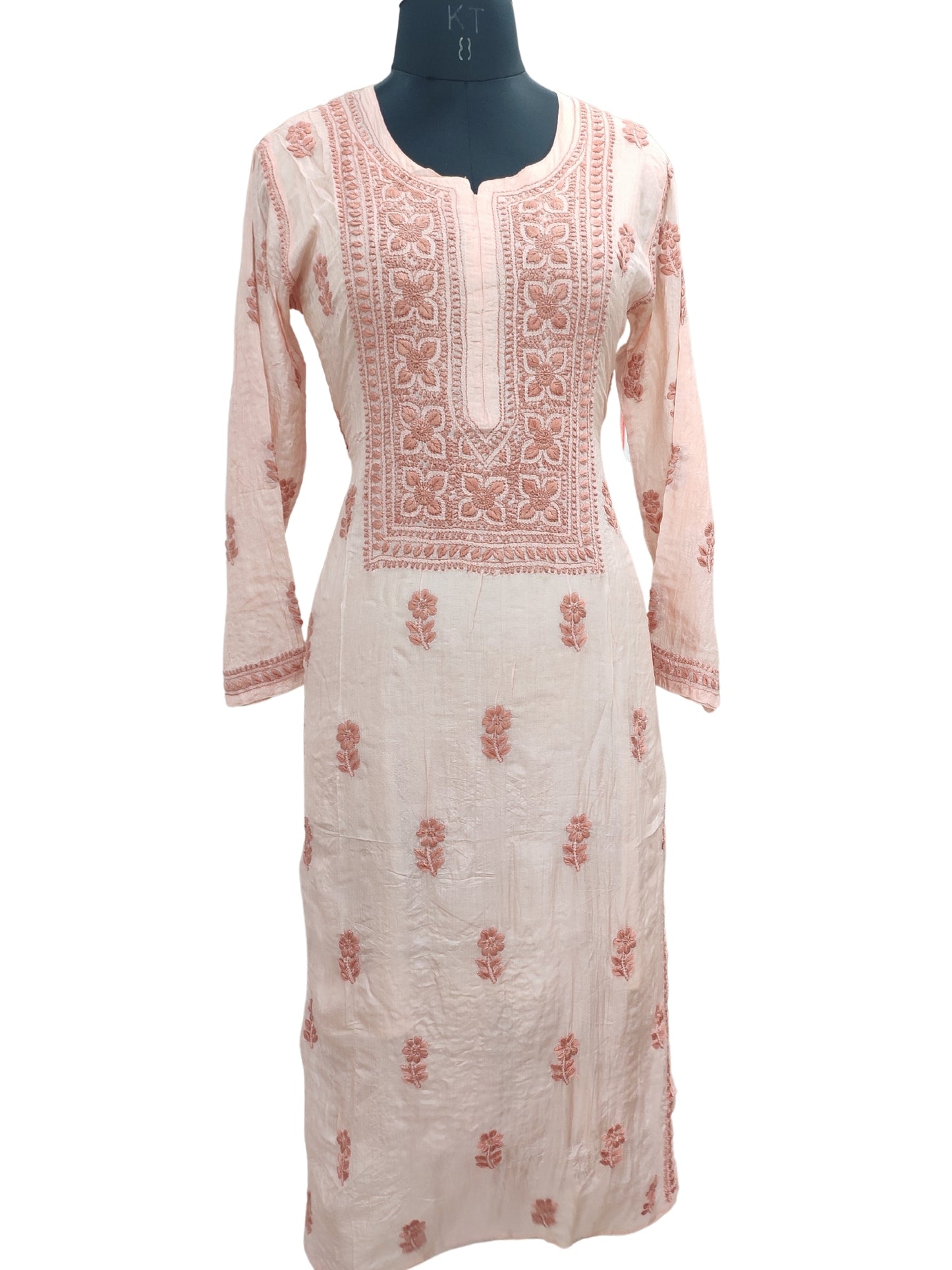 Shyamal Chikan Hand Embroidered Peach Pure Tusser Silk Lucknowi Chikankari Kurti- S24405