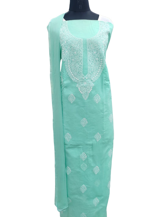 Shyamal Chikan Hand Embroidered Sea Green Cotton Lucknowi Chikankari Unstitched Suit Piece - S24746