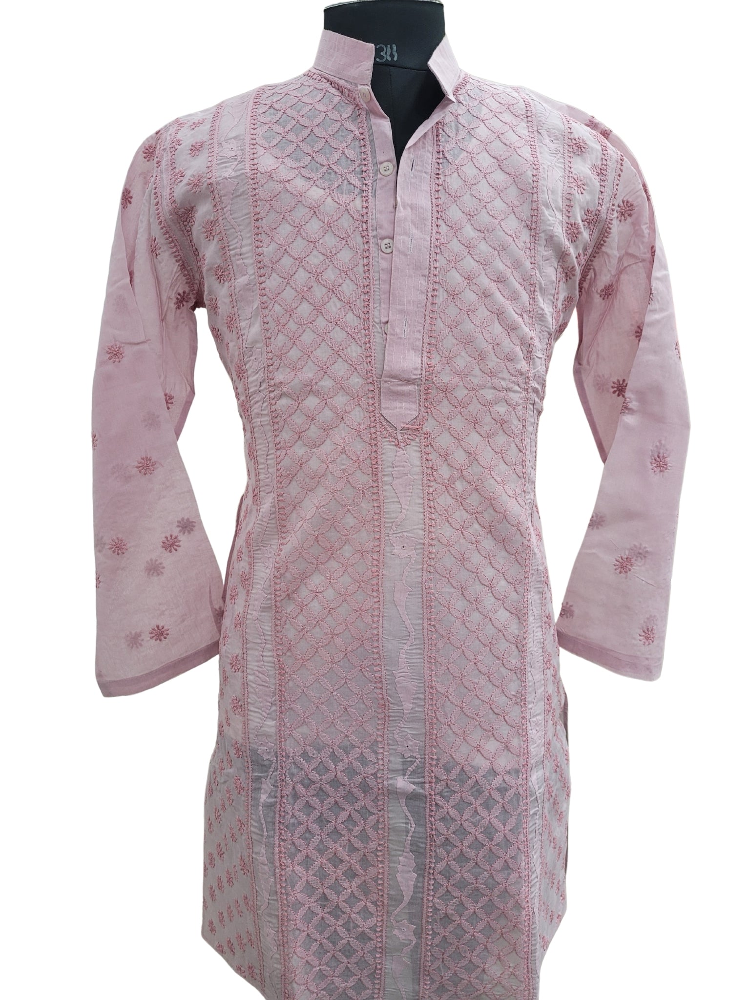 Shyamal Chikan Hand Embroidered Pink Cotton Lucknowi Chikankari Men's Kurta With Daraz Work S25009