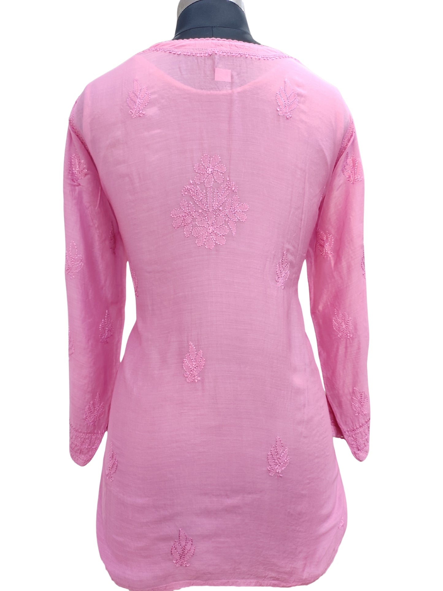 Shyamal Chikan Hand Embroidered Pink Muslin Lucknowi Chikankari Short Top - 23483