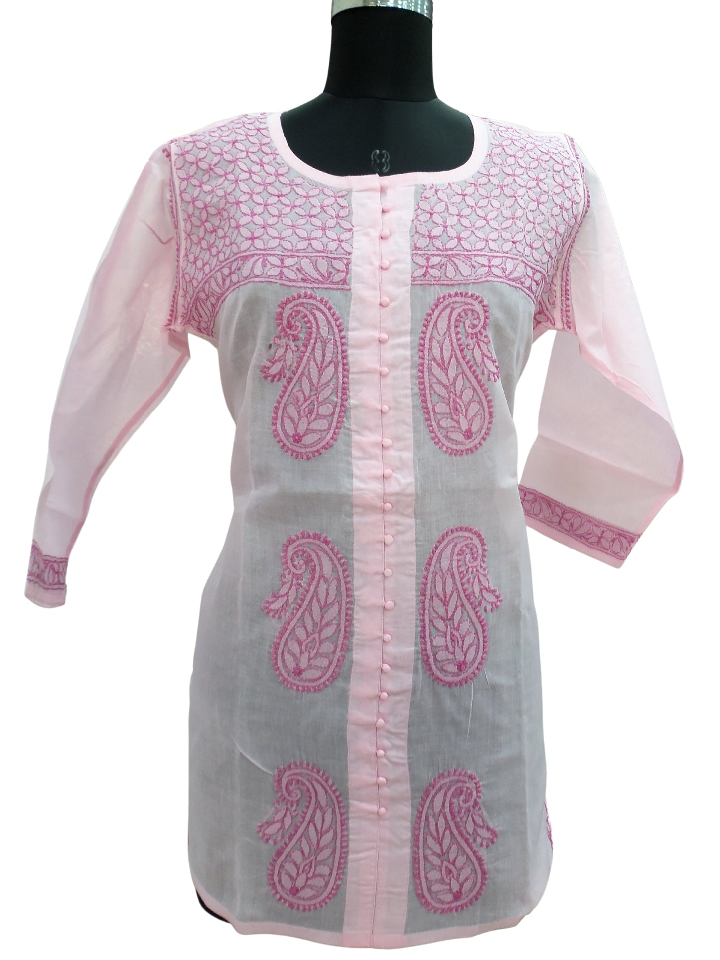 Shyamal Chikan Hand Embroidered Pink Cotton Lucknowi Chikankari Short Top- S1070