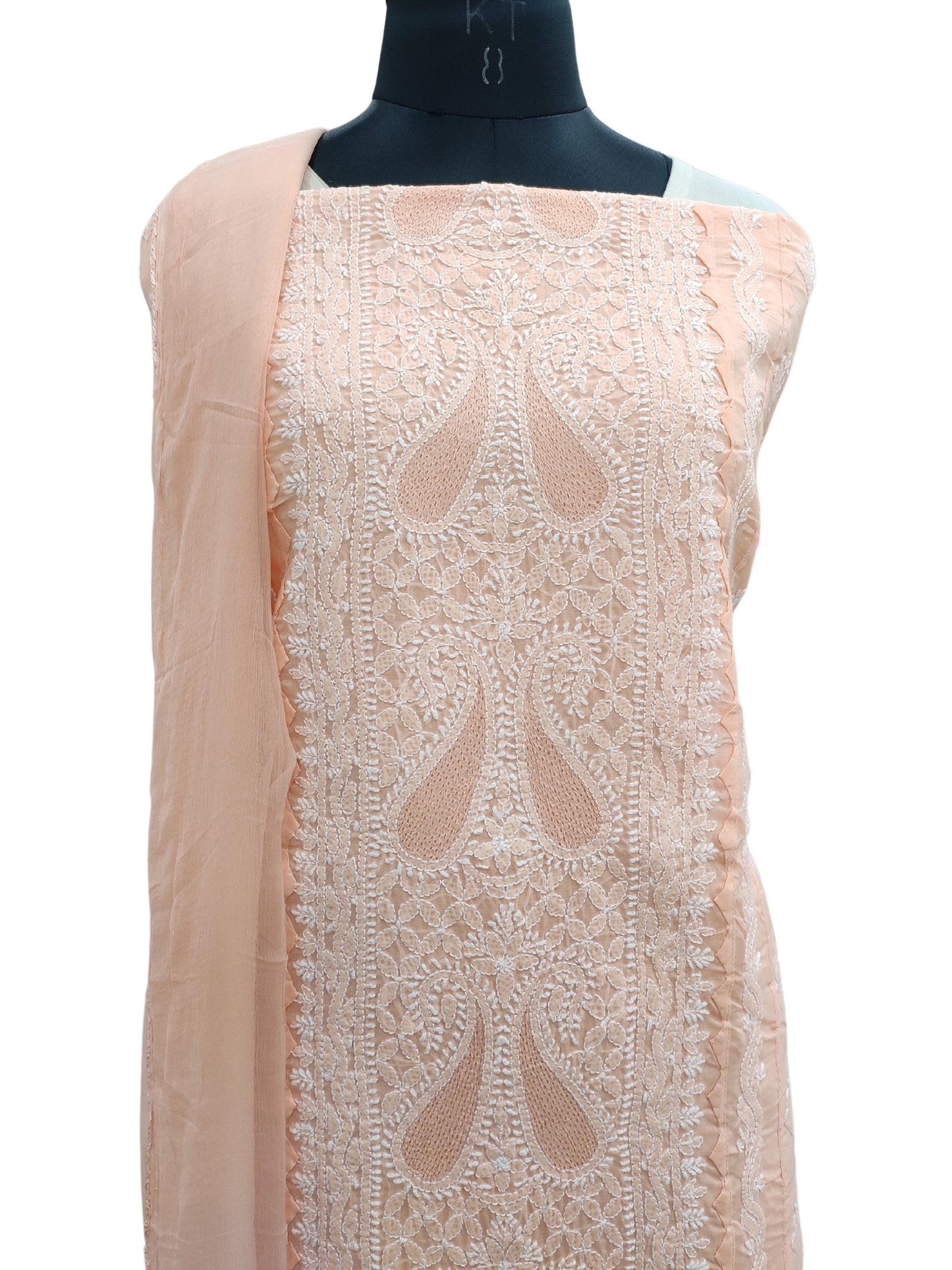 Shyamal Chikan Hand Embroidered Peach Cotton Lucknowi Chikankari Unstitched Suit Piece With Jaali and Daraz Work Work - S21865