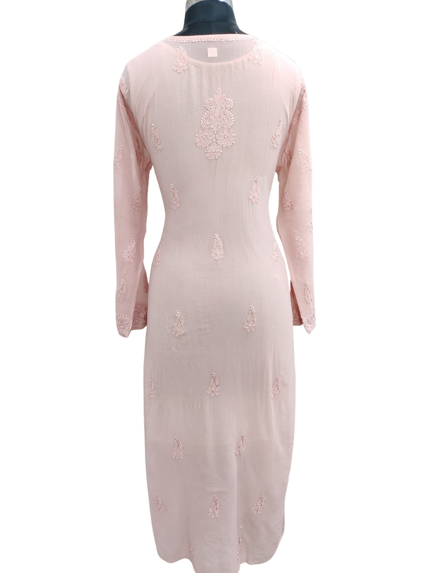 Shyamal Chikan Hand Embroidered Peach Viscose Georgette Lucknowi Chikankari Kurti - S24700