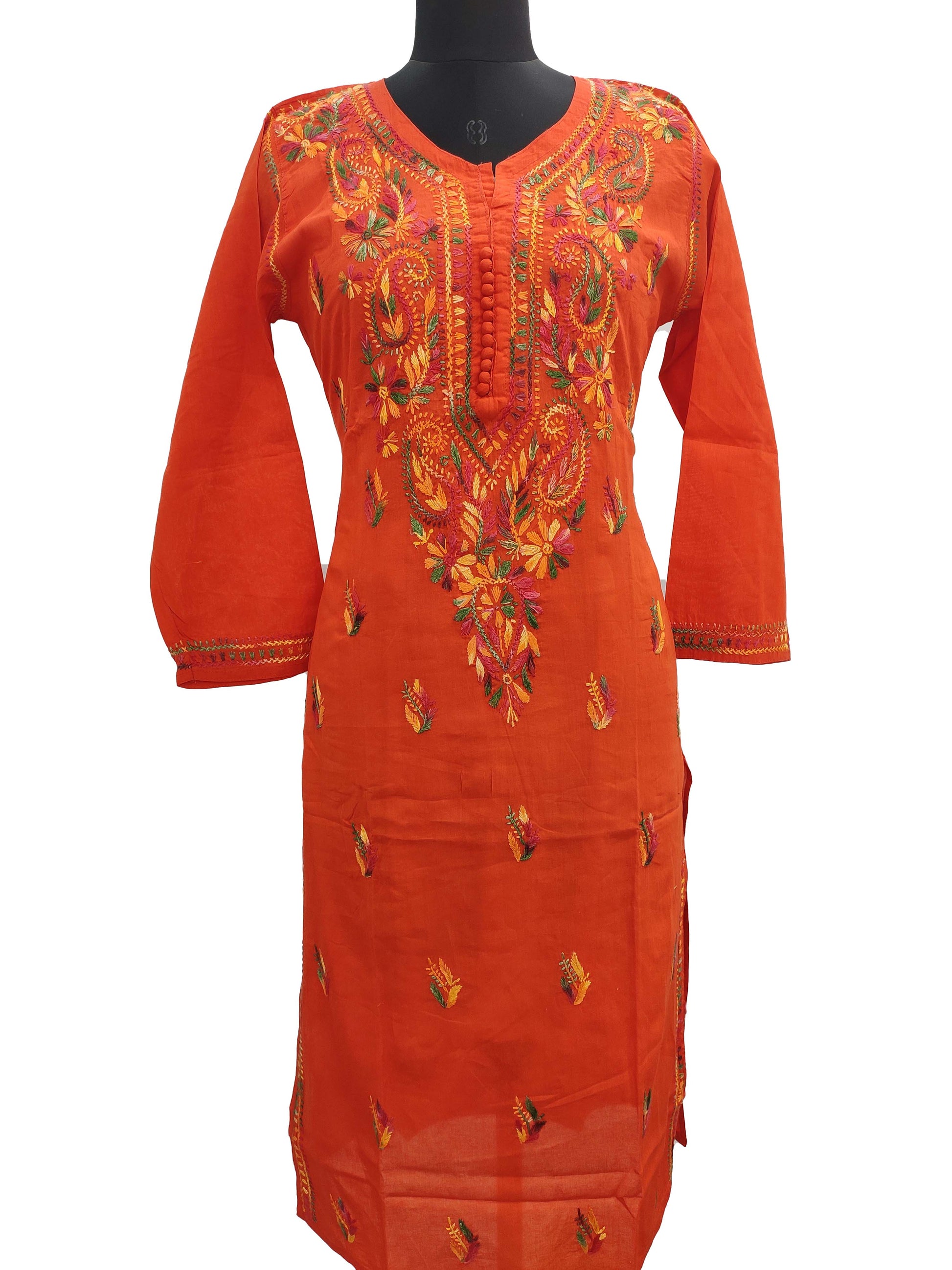 Shyamal Chikan Hand Embroidered Orange Printed Rayon Cotton Lucknowi Chikankari Kurti- S10963