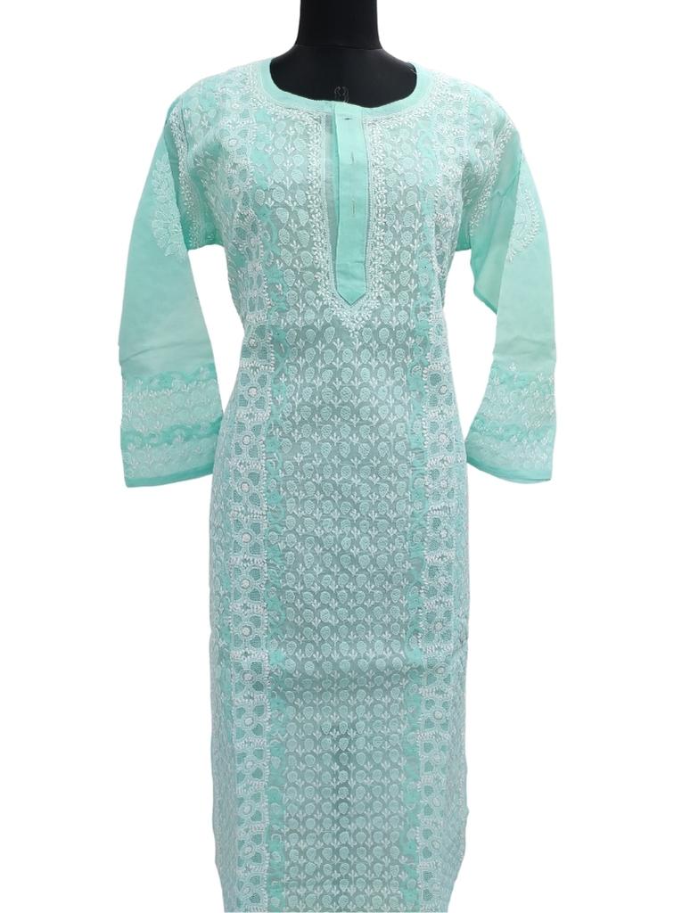 Shyamal Chikan Hand Embroidered sea green Cotton Lucknowi Chikankari Kurti With Daraz and Jaali Work- S12319