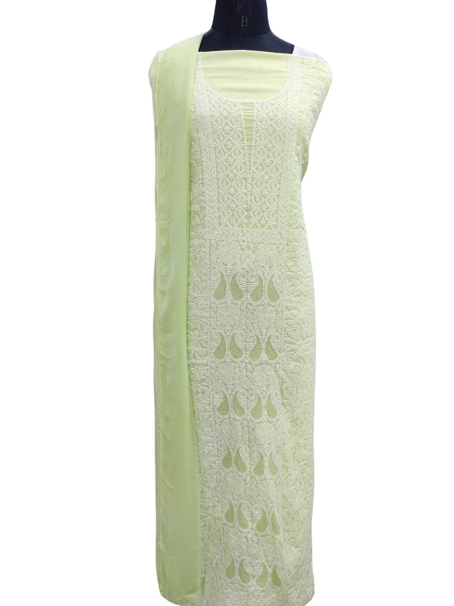 Shyamal Chikan Hand Embroidered Green Cotton Lucknowi Chikankari Unstitched Suit Piece With Jaali Work- S21882