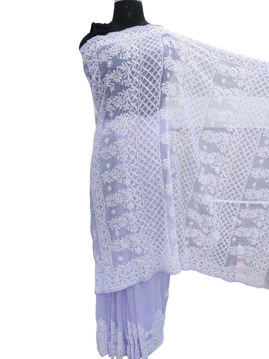 Shyamal Chikan Hand Embroidered Lavender Georgette Lucknowi Chikankari Skirt Saree With Blouse Piece - S21977