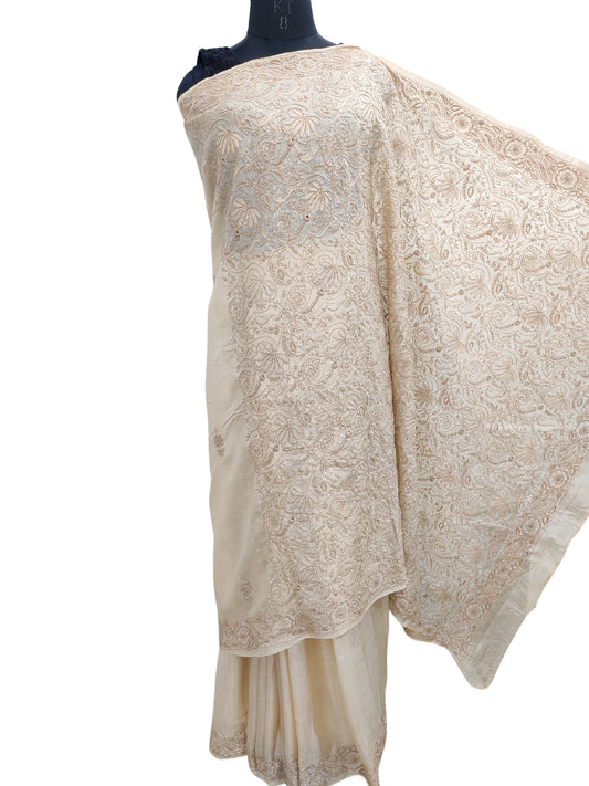 Shyamal Chikan Hand Embroidered Beige Tusser Silk Lucknowi Chikankari Saree With Blouse Piece- S22437