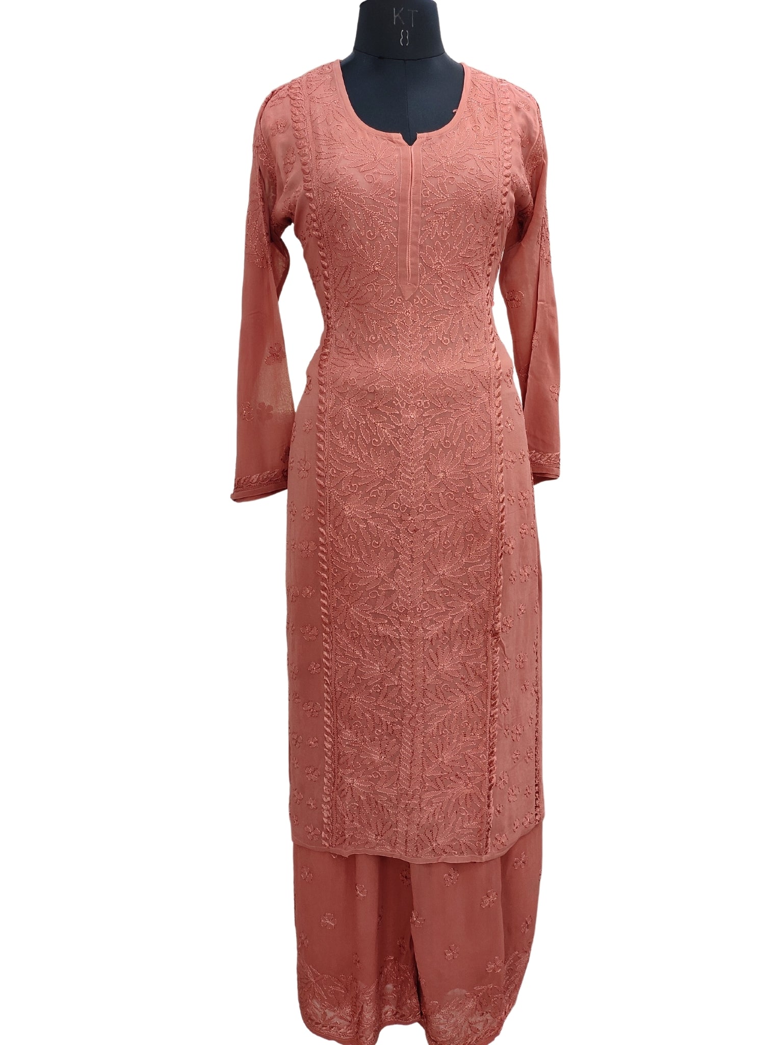 Shyamal Chikan Hand Embroidered Copper Viscose Georgette Lucknowi Chikankari Kurta and Bottom Set - 23674