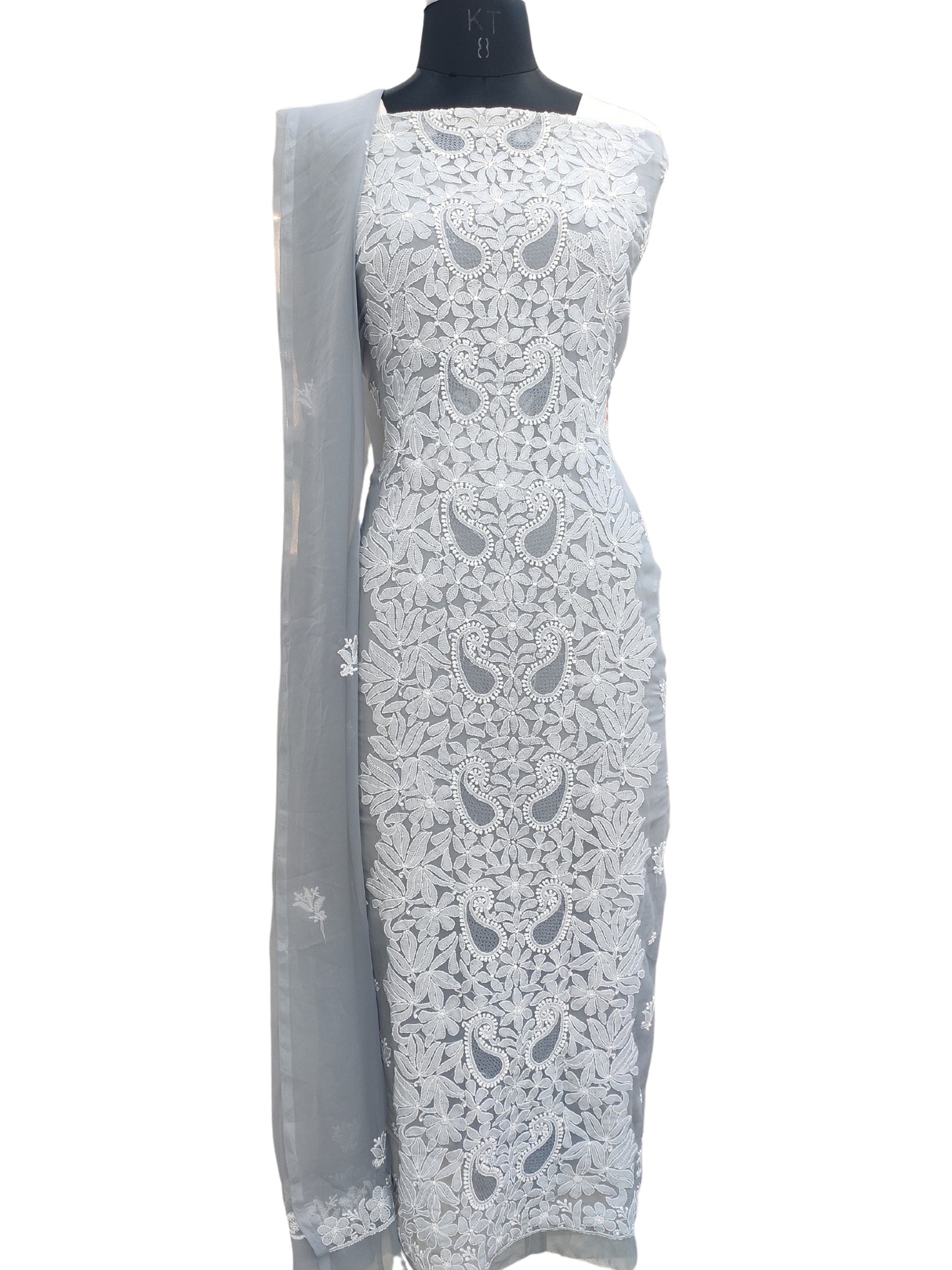 Shyamal Chikan Hand Embroidered Grey Georgette Lucknowi Chikankari Unstitched Suit Piece - 24032