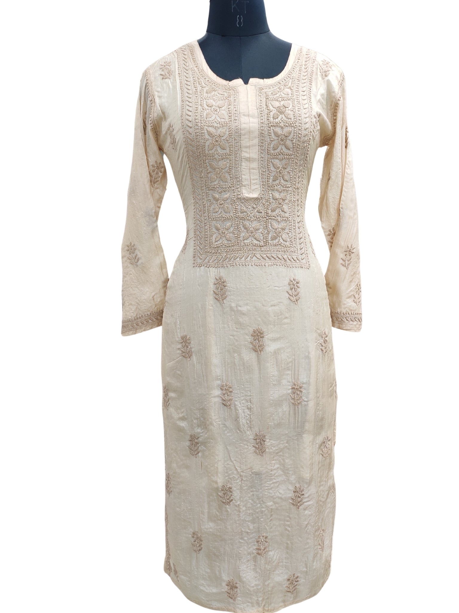 Shyamal Chikan Hand Embroidered Beige Pure Tusser Silk Lucknowi Chikankari Kurti- S24404