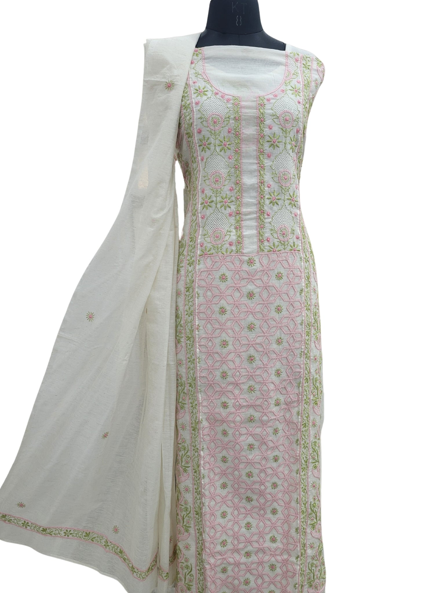 Shyamal Chikan Hand Embroidered White Tusser Cotton Lucknowi Chikankari semi stitched Suit Piece (Kurta Dupatta Set) - S25082