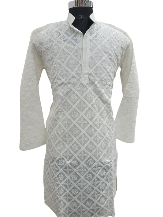 Shyamal Chikan Hand Embroidered White Cotton Lucknowi All-Over Chikankari Men's Kurta with Daraz Work – S25154