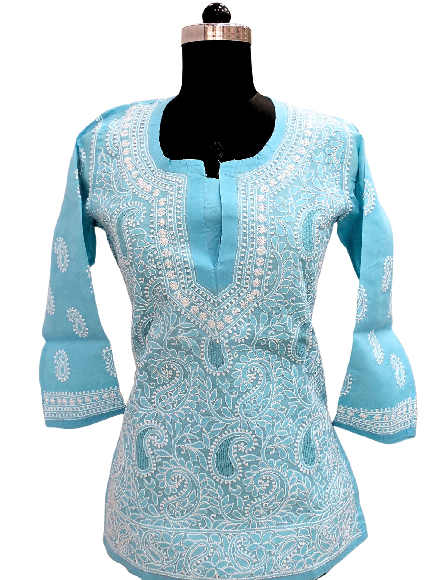 Shyamal Chikan Hand Embroidered Sky Blue Cotton Lucknowi Chikankari Short Top with Jaali Work - S4042