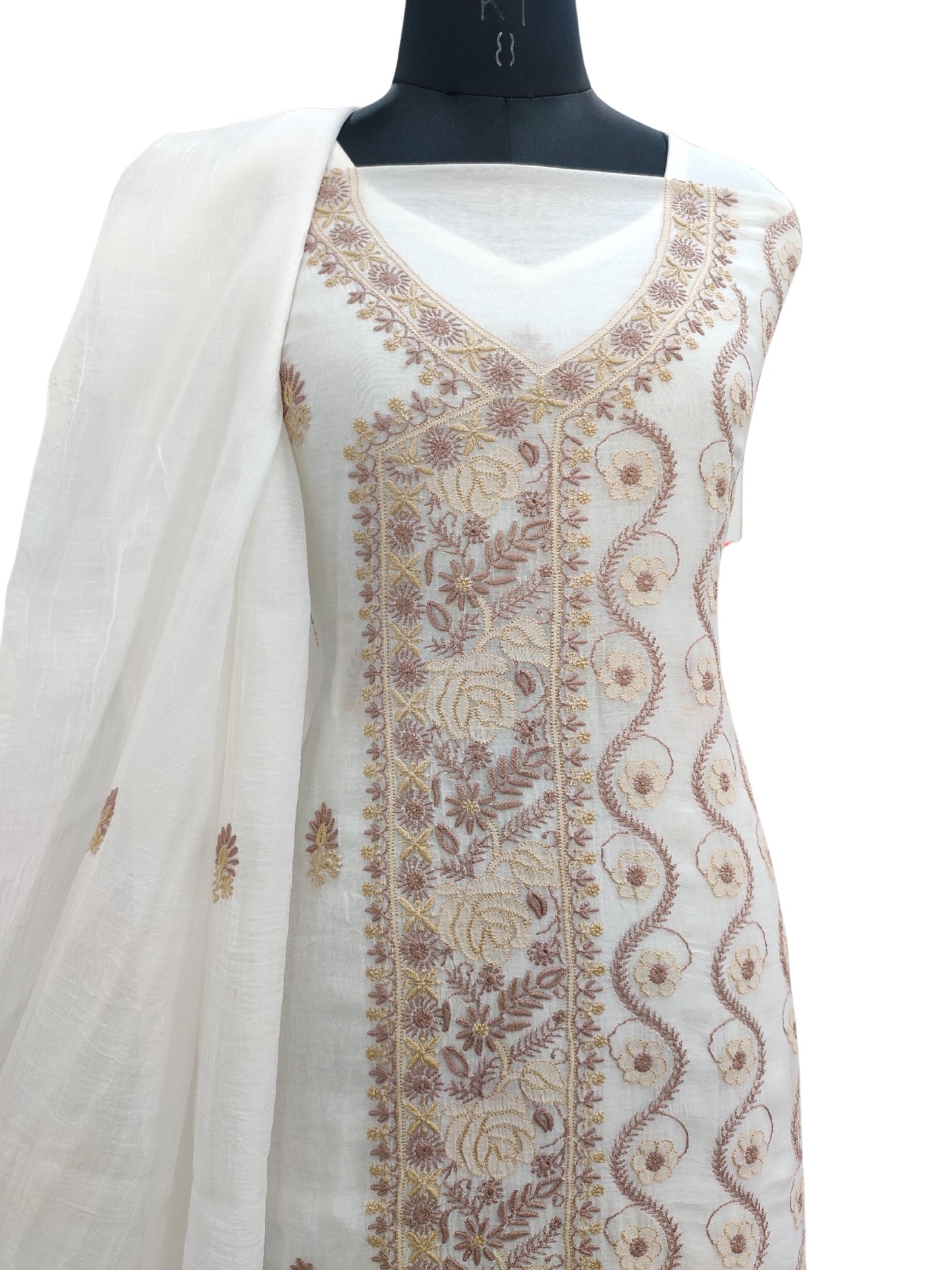 Shyamal Chikan Hand Embroidered White Mul Chanderi Lucknowi Chikankari Unstitched Angrakha Style Suit Piece (Kurta Dupatta Set) - S22323