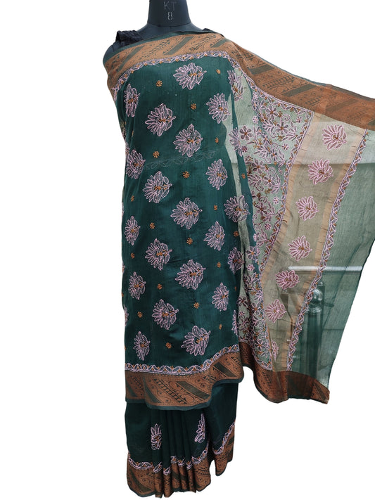 Shyamal Chikan Hand Embroidered Green Banarasi Lucknowi Chikankari Saree With Blouse Piece- S22498