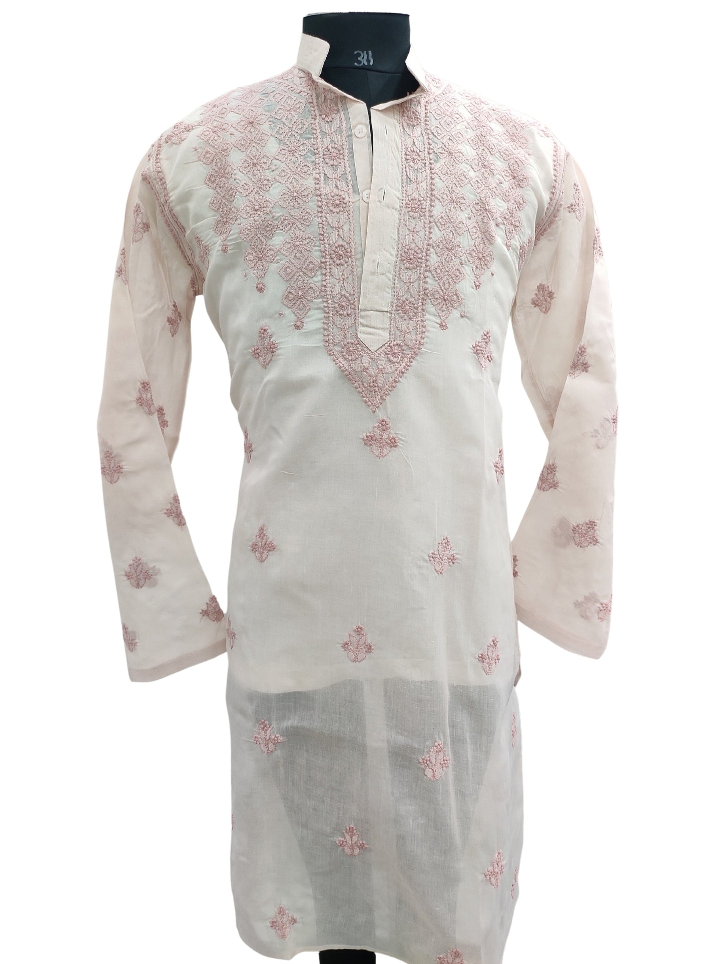 Shyamal Chikan Hand Embroidered Peach Cotton Lucknowi Chikankari Men's Kurta – S23608