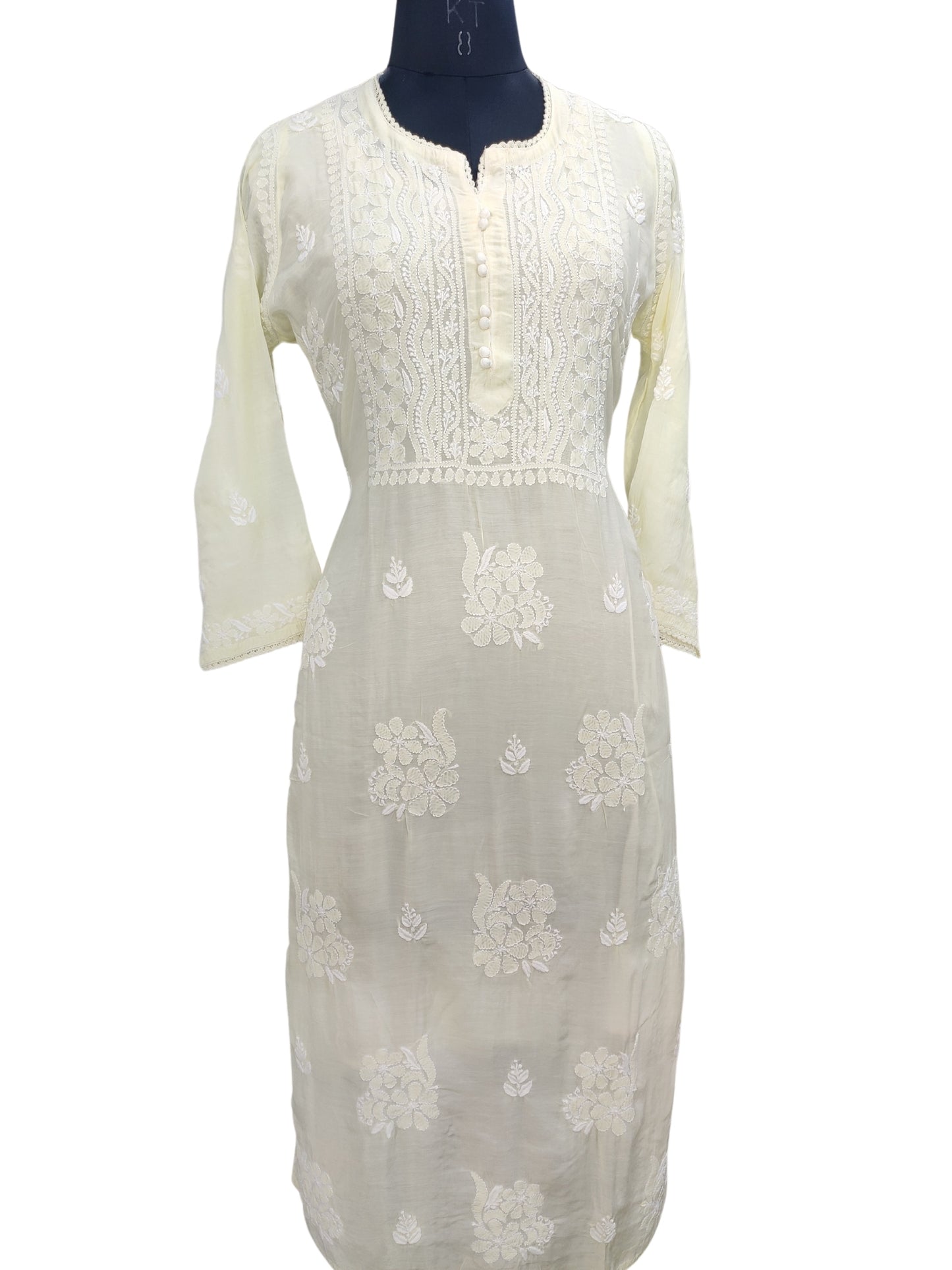 Shyamal Chikan Hand Embroidered Lemon Muslin Lucknowi Chikankari Kurti - 23827