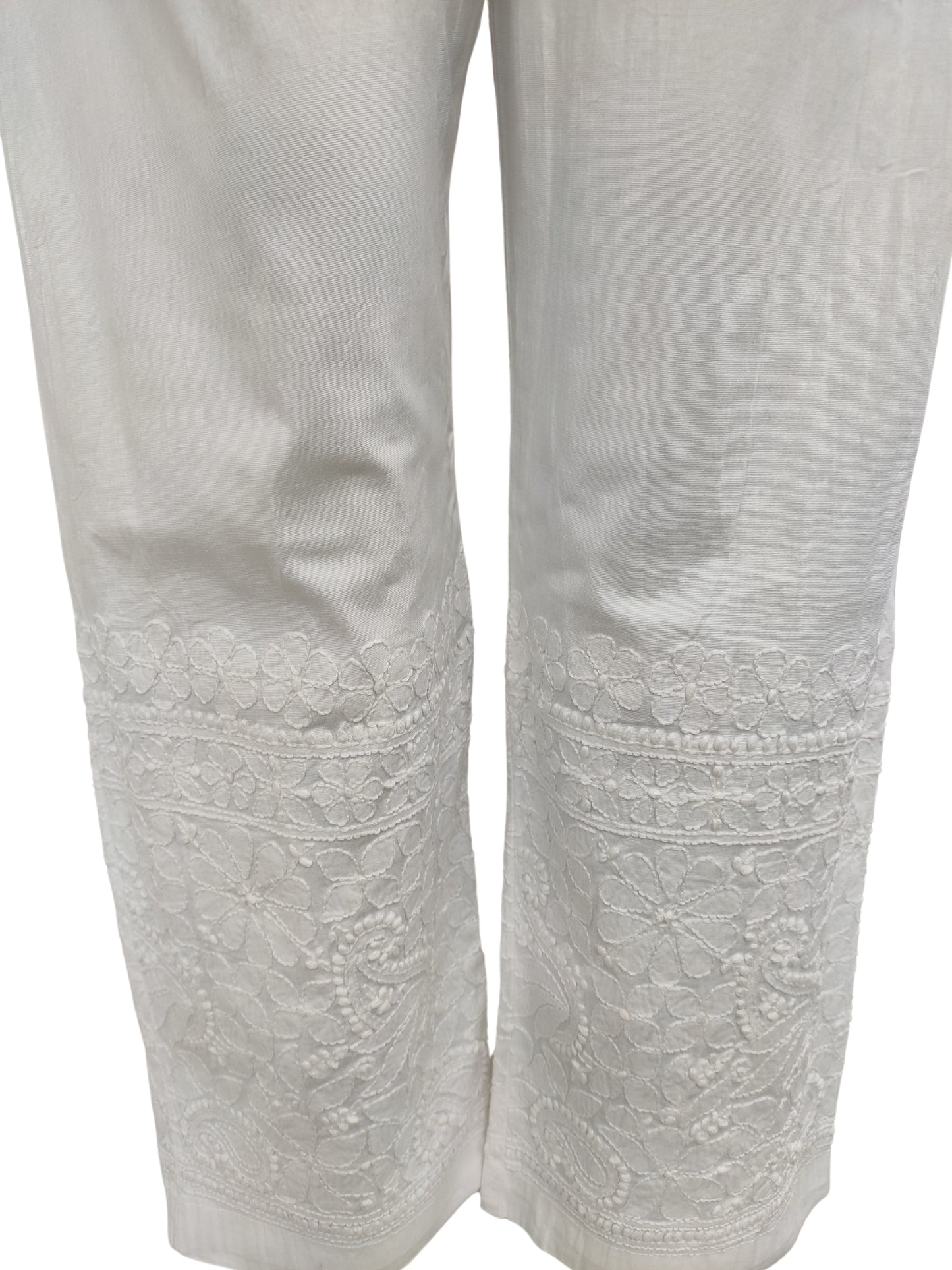 Shyamal Chikan Hand Embroidered White Lycra Lucknowi Chikankari Women's Pant  –  S23067