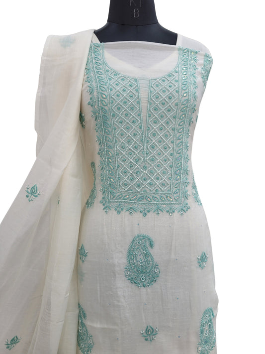 Shyamal Chikan Hand Embroidered White Mul Chanderi Lucknowi Chikankari Unstitched Suit Piece with Cutdana & Sequin Work (Kurta Dupatta Set) - S23971