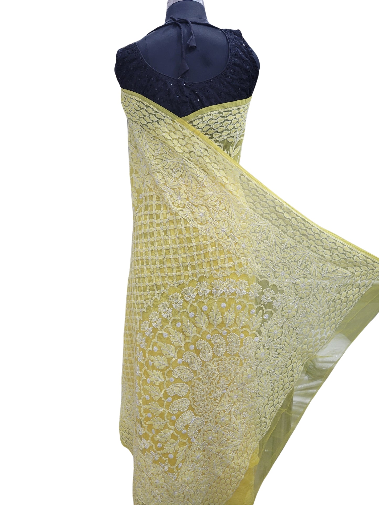 Shyamal Chikan Hand Embroidered Yellow Georgette Lucknowi Chikankari Full Jaal Saree With Blouse Piece - S25195