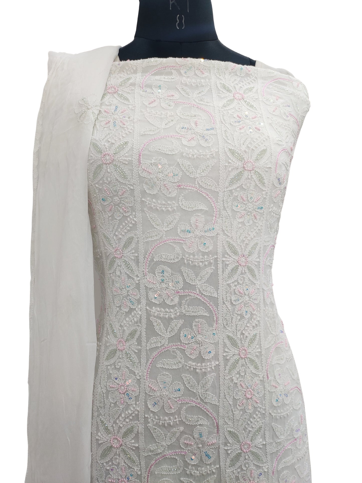 Shyamal Chikan Hand Embroidered White Viscose Georgette Lucknowi Chikankari Unstitched Suit Piece With Pearl and Sequin Work ( Kurta  Dupatta Set) - S20468
