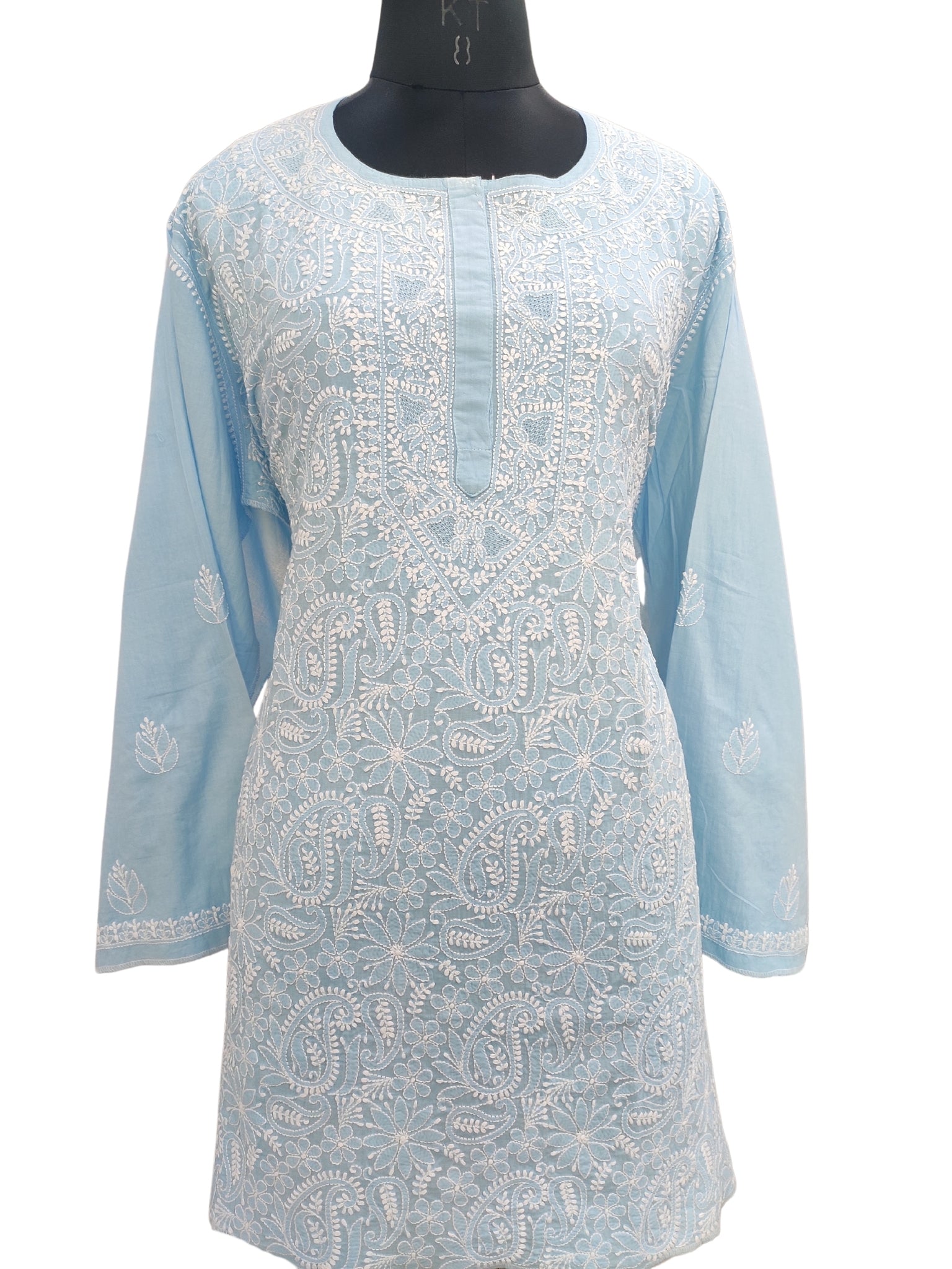 Shyamal Chikan Hand Embroidered Blue Pure Cotton Lucknowi Chikankari semi stitched Short Top- S23179