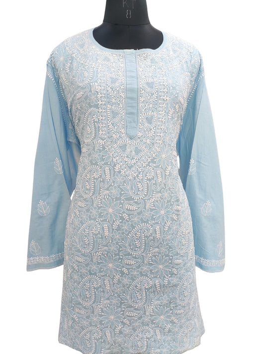 Shyamal Chikan Hand Embroidered Blue Pure Cotton Lucknowi Chikankari semi stitched Short Top- S23179