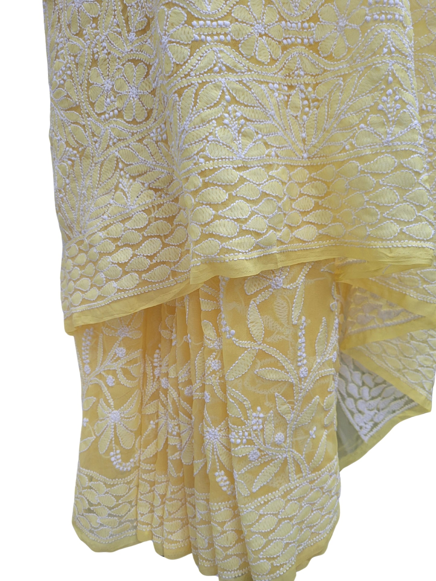 Shyamal Chikan Hand Embroidered Yellow Georgette Lucknowi Chikankari Full Jaal Saree With Blouse Piece - S25195