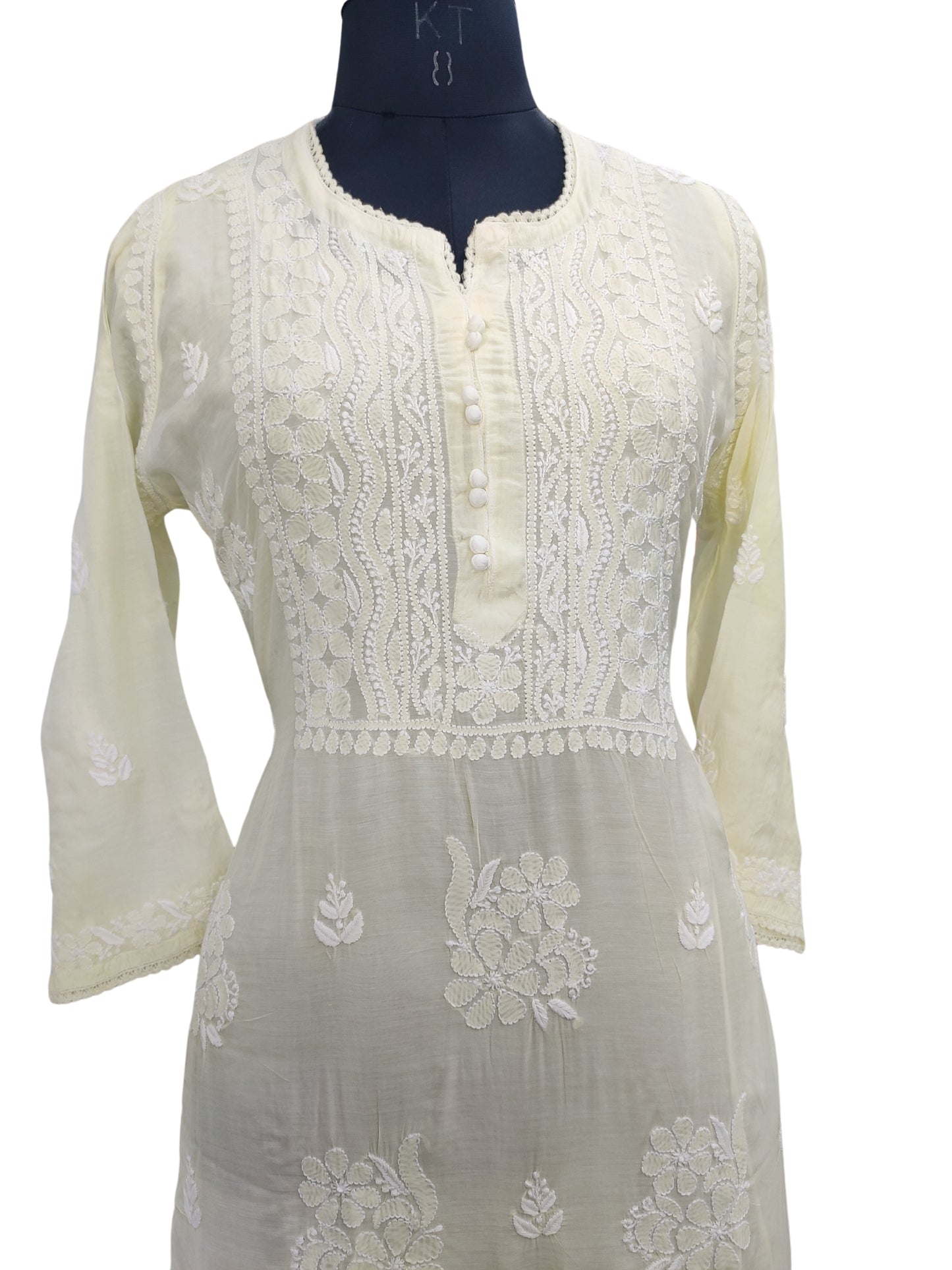 Shyamal Chikan Hand Embroidered Lemon Muslin Lucknowi Chikankari Kurti - 23827