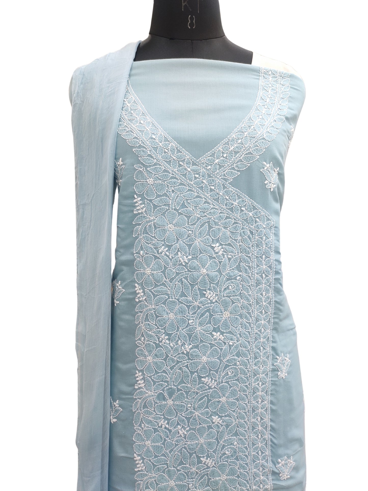 Shyamal Chikan Hand Embroidered Grey Cotton Lucknowi Chikankari Unstitched Angrakha Style Suit Piece- S25432