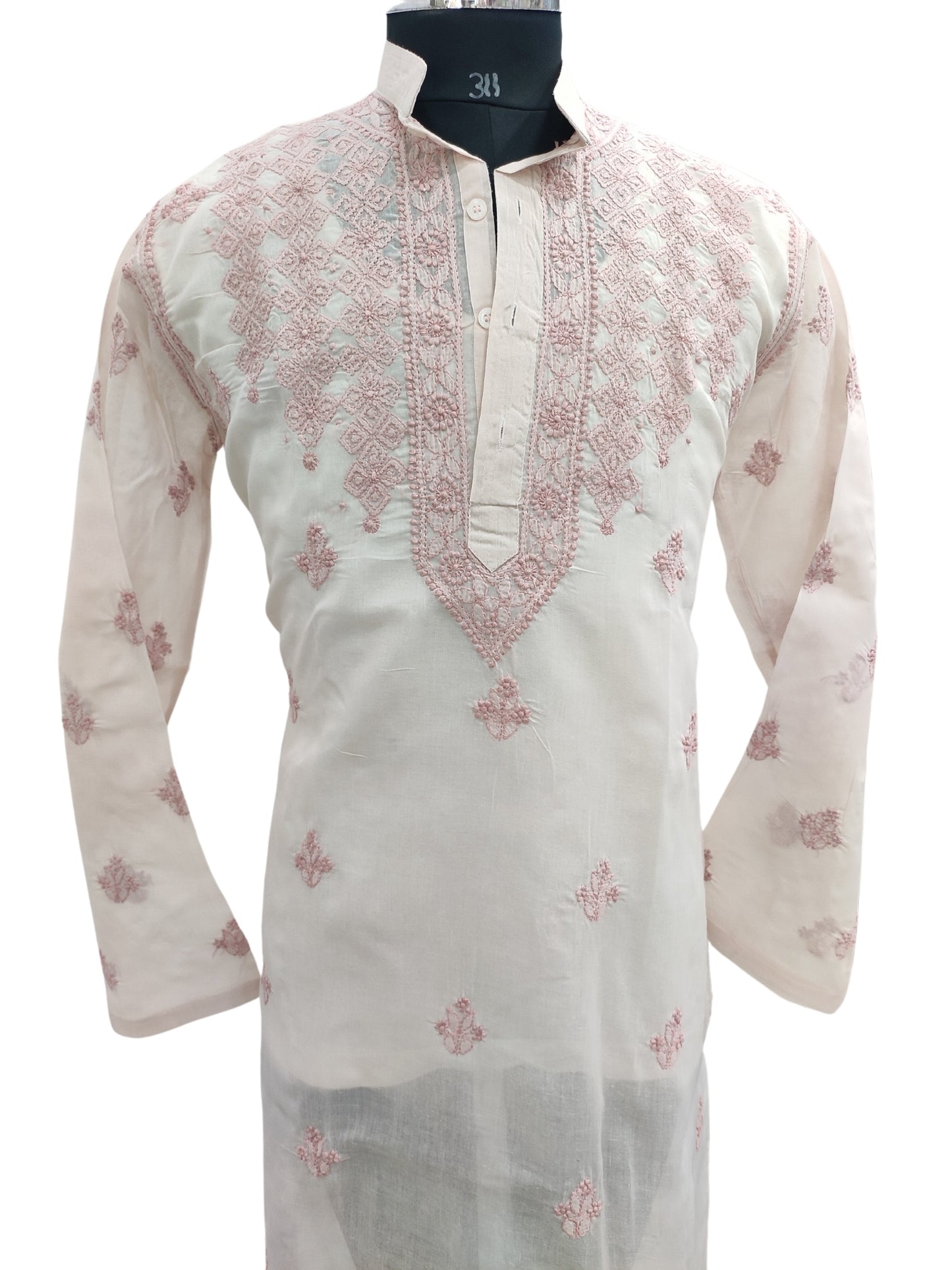 Shyamal Chikan Hand Embroidered Peach Cotton Lucknowi Chikankari Men's Kurta – S23608