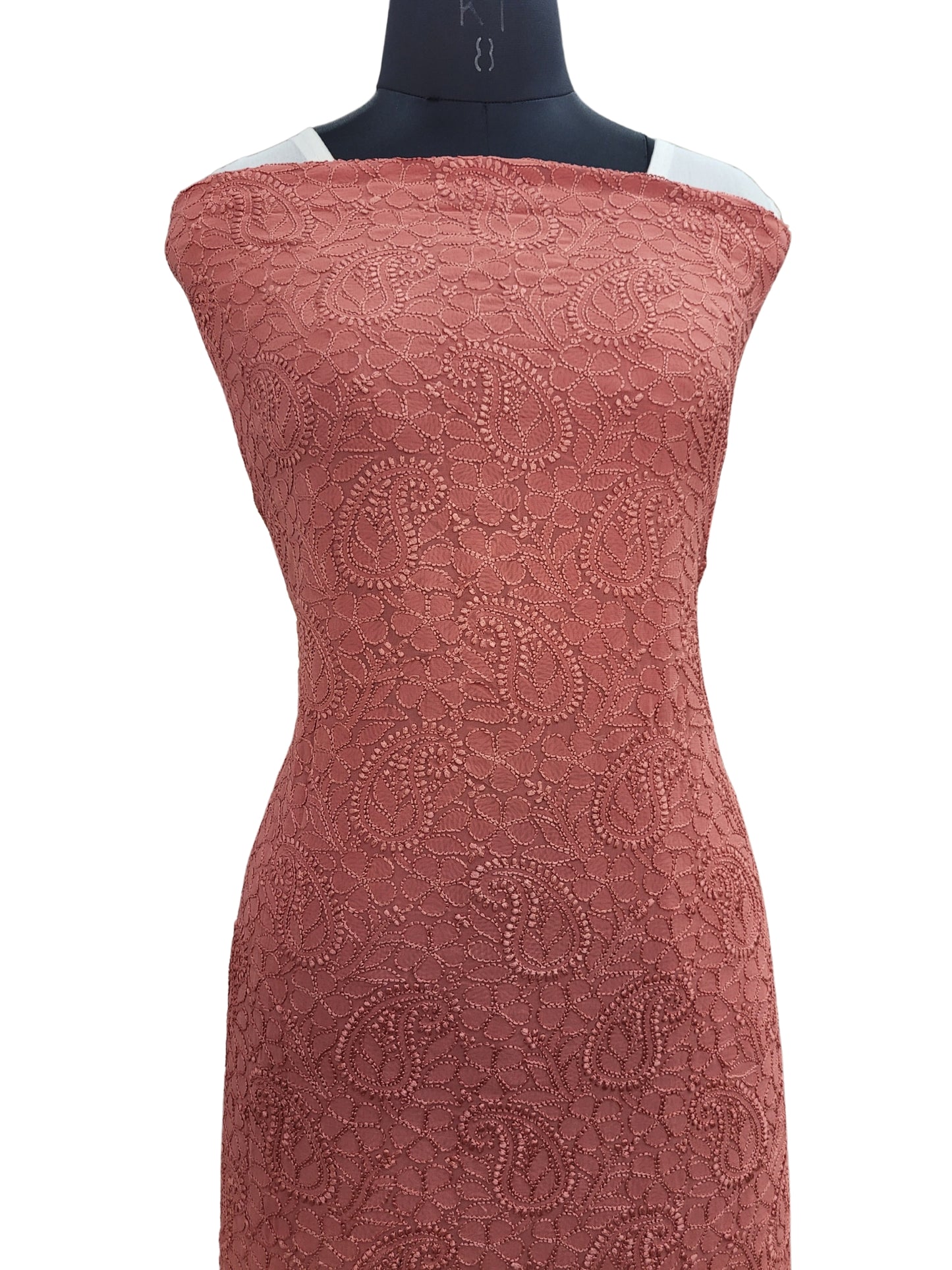 Shyamal Chikan Hand Embroidered Cherry Red Viscose Georgette Lucknowi Chikankari Unstitched Kurta Piece- S18604