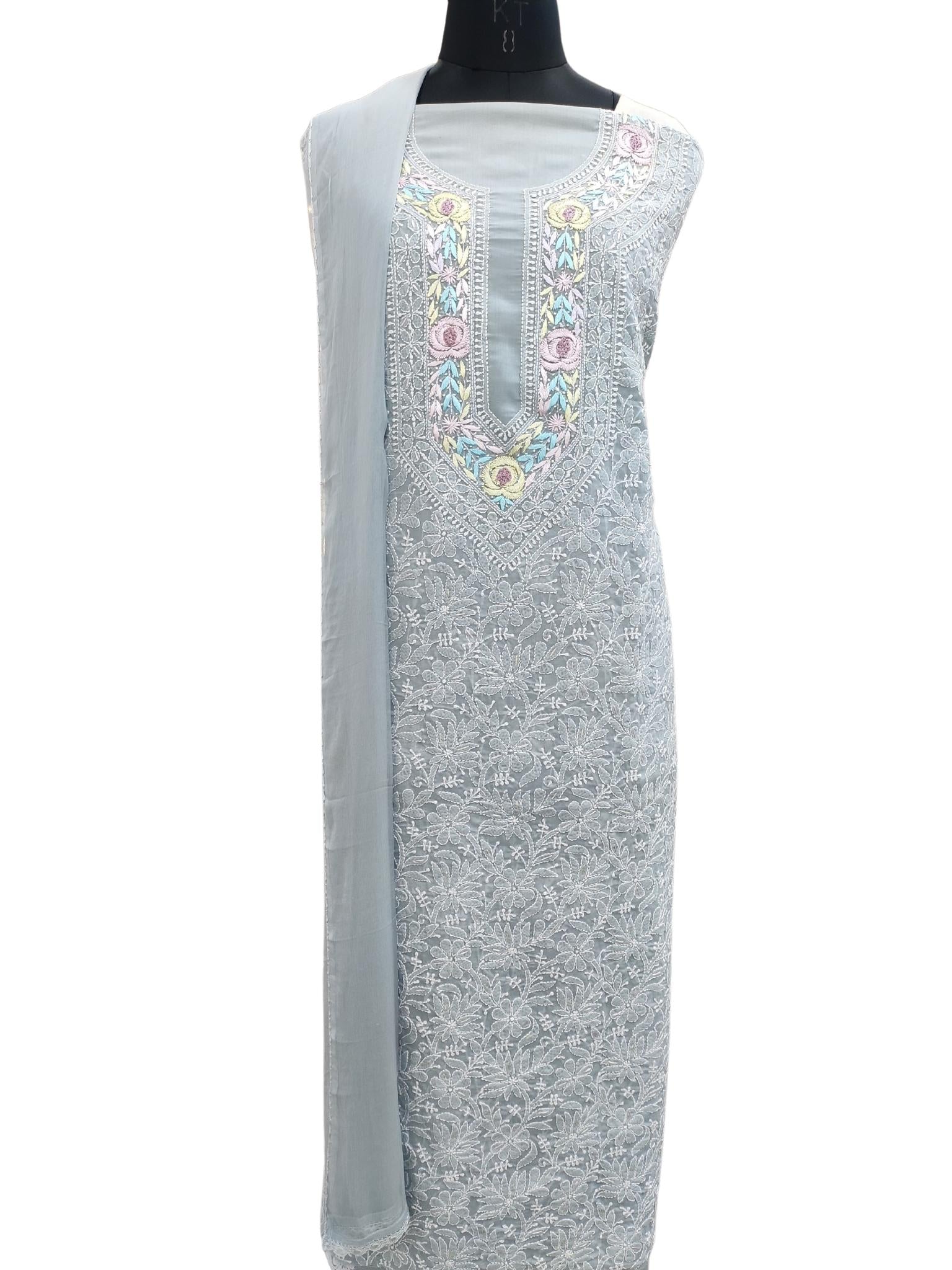 Shyamal Chikan Hand Embroidered Grey Cotton Lucknowi Chikankari Unstitched Suit Piece With Parsi Work - S20856