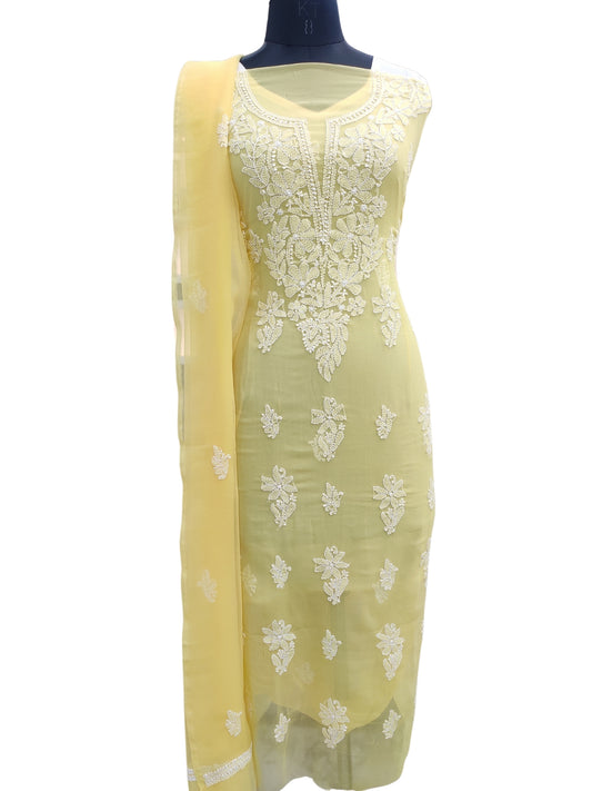 Shyamal Chikan Hand Embroidered Yellow Georgette Lucknowi Chikankari Unstitched Suit Piece - 24103