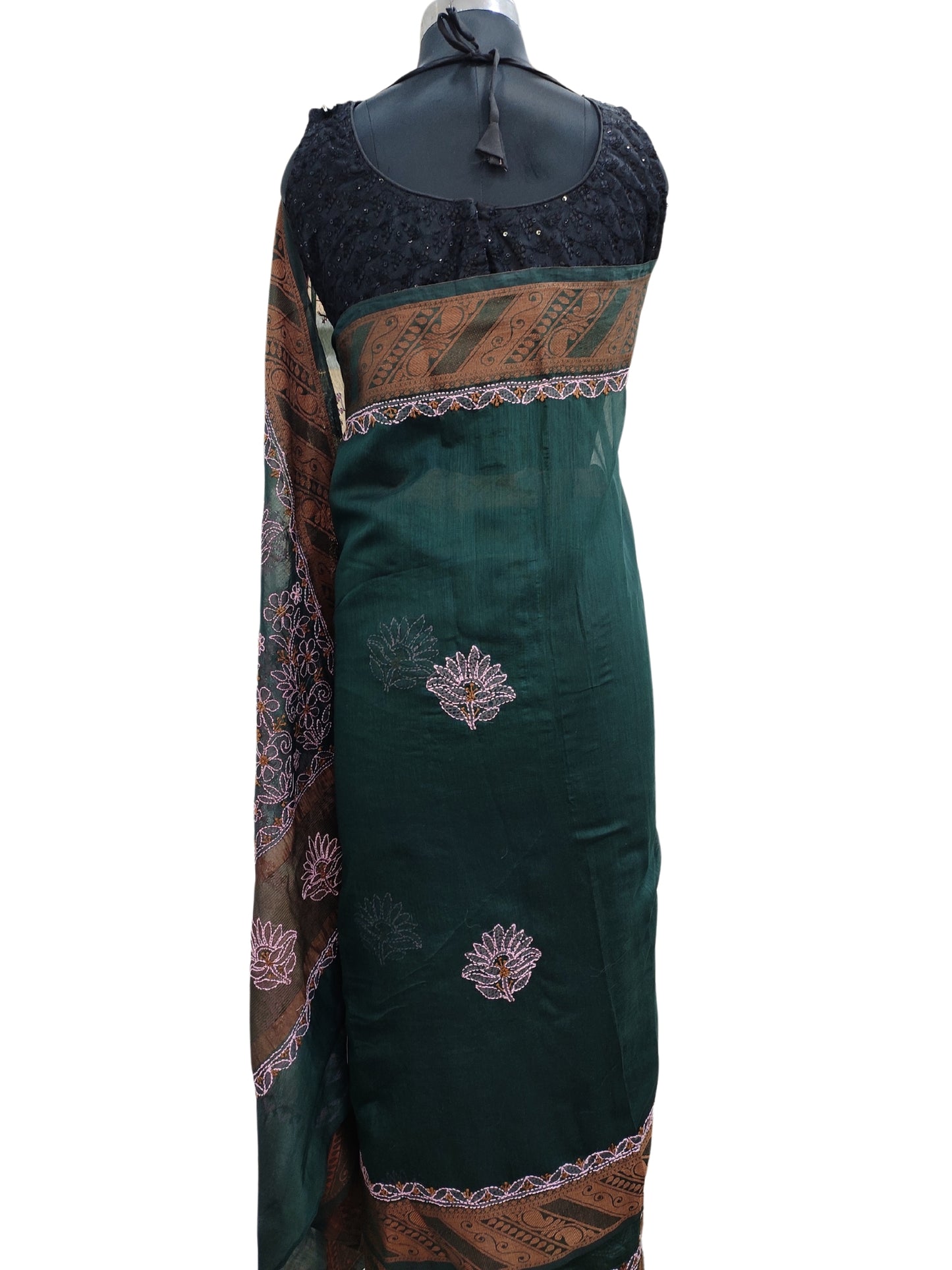Shyamal Chikan Hand Embroidered Green Banarasi Lucknowi Chikankari Saree With Blouse Piece- S22498
