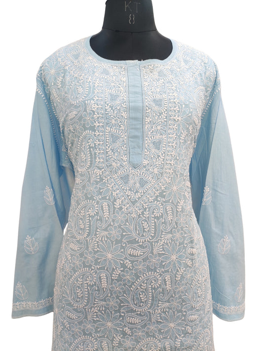 Shyamal Chikan Hand Embroidered Blue Pure Cotton Lucknowi Chikankari semi stitched Short Top- S23179