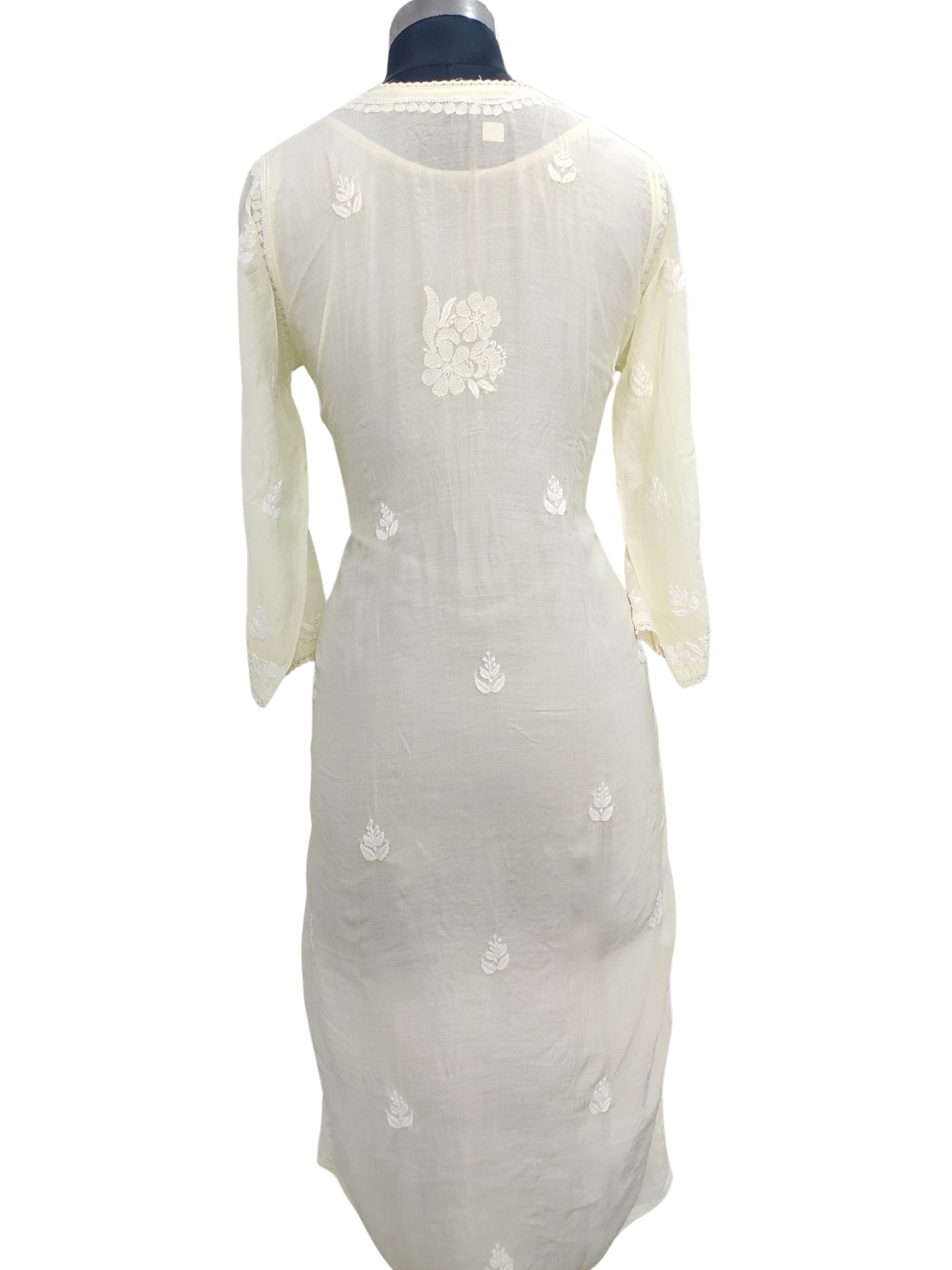 Shyamal Chikan Hand Embroidered Lemon Muslin Lucknowi Chikankari Kurti - 23827