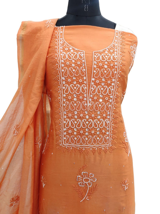 Shyamal Chikan Hand Embroidered Rust Orange Chanderi Lucknowi Chikankari Unstitched Suit Piece with Pearl & Sequin Work (Kurta Dupatta Set) - S19964