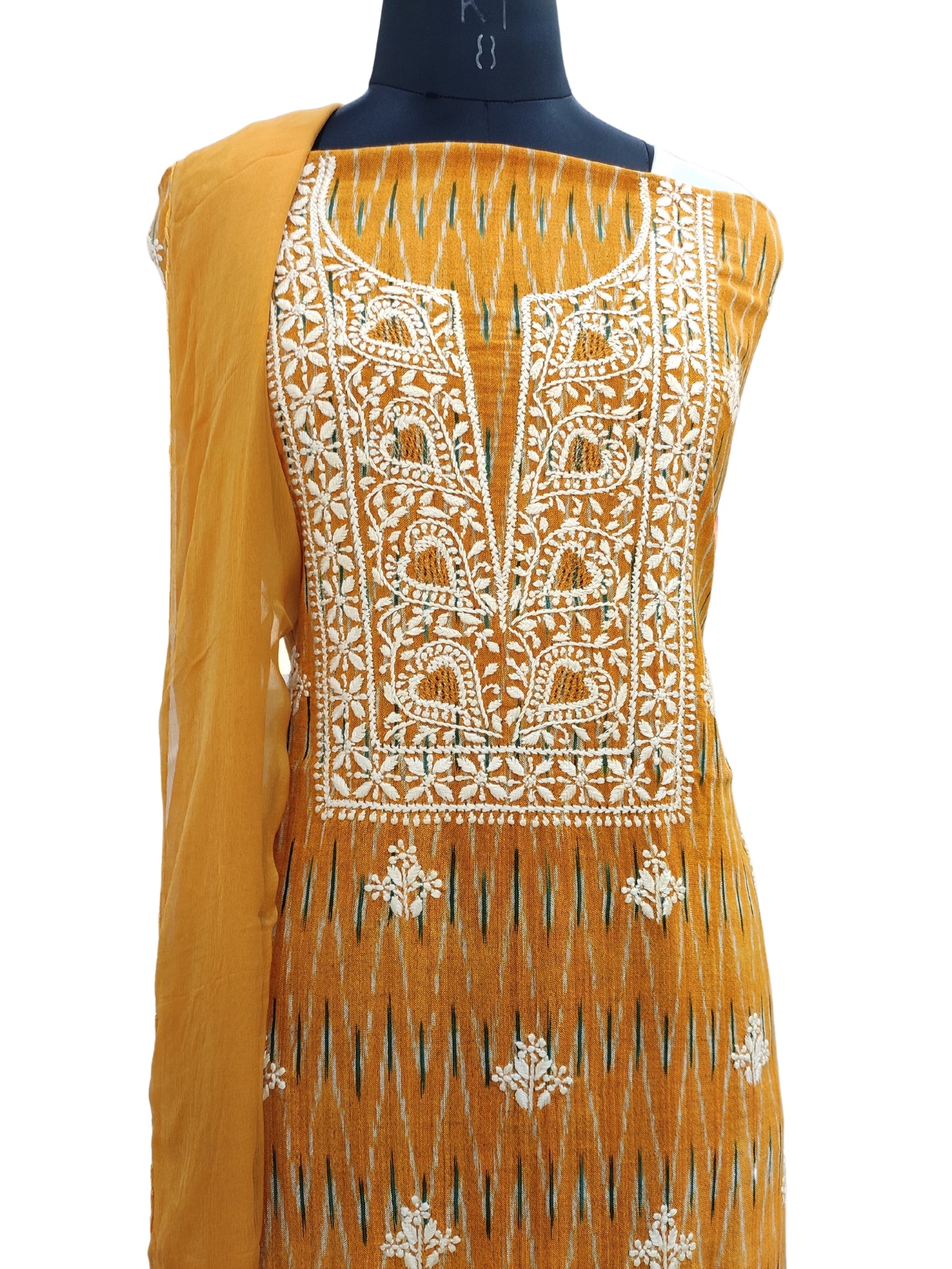 Shyamal Chikan Hand Embroidered Yellow Ikat Cotton Lucknowi Chikankari Unstitched Suit Piece - S20826