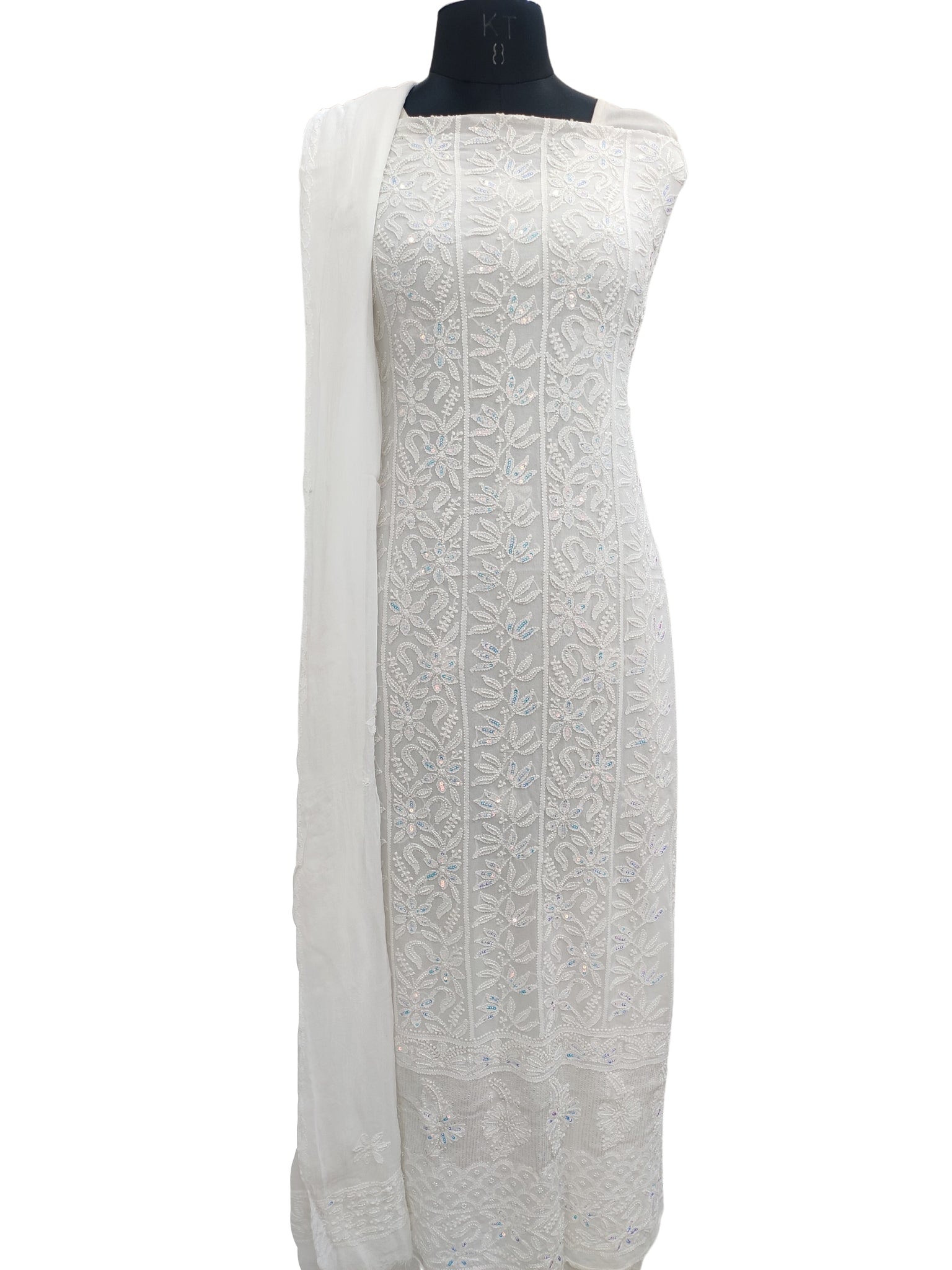 Shyamal Chikan Hand Embroidered White Viscose Georgette Lucknowi Chikankari Unstitched Suit Piece With Pearl and Sequin Work ( Set of 2 ) - S20466