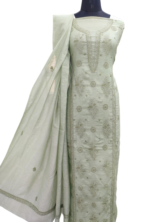 Shyamal Chikan Hand Embroidered Green Pure Lenin Lucknowi Chikankari Unstitched Suit Piece (Kurta Dupatta Set )- S21143